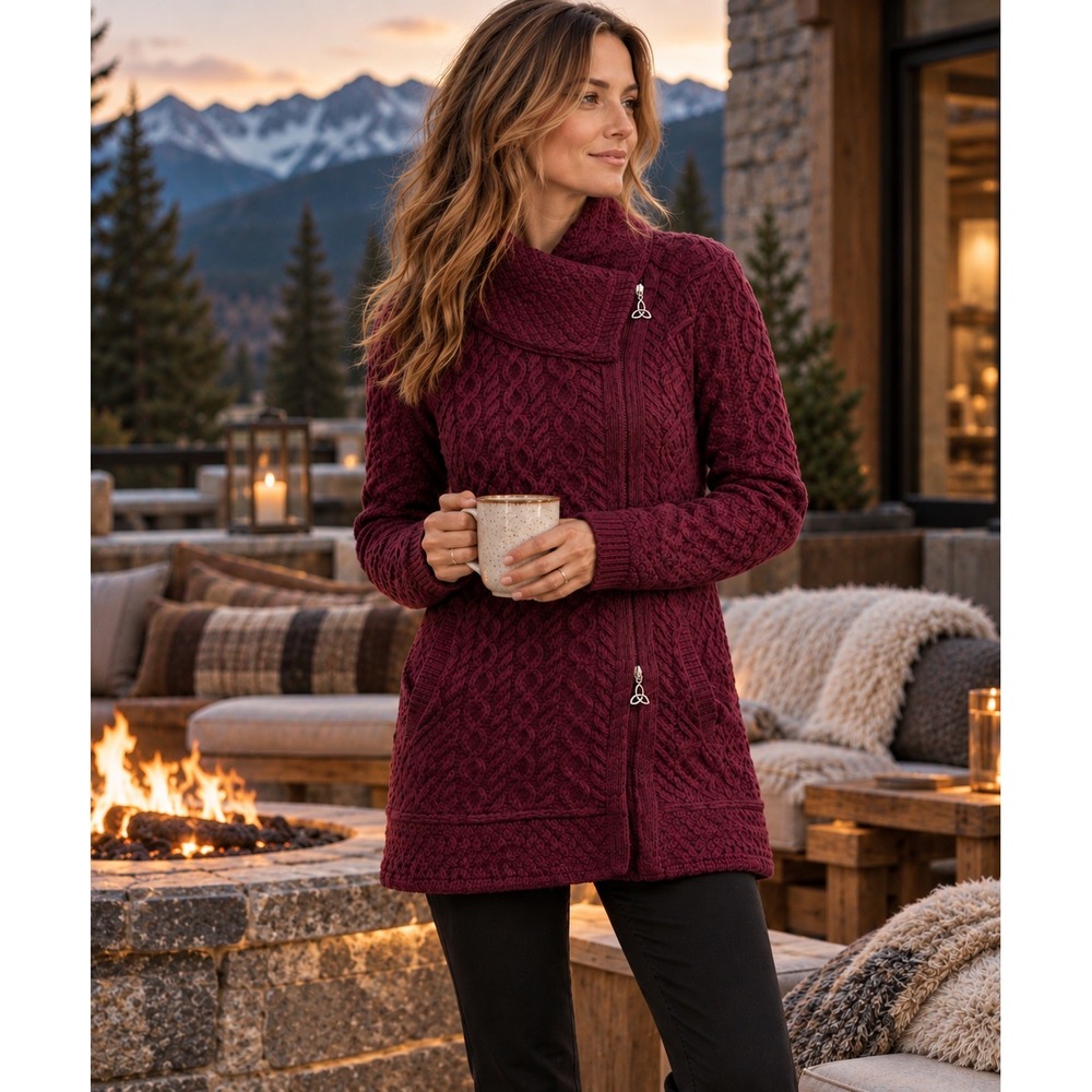 Aran Crafts Ireland 100% Merino Wool Side Zip Aran Coatigan Large Petite Wine
